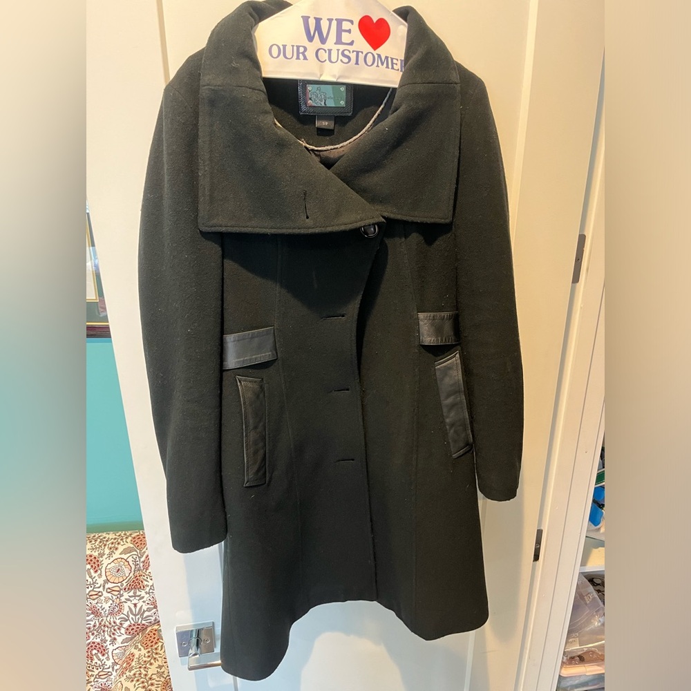 MACKAGE beautiful black cashmere and wool blend trench coat with leather accents